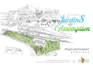 Couverture du livret "Les JardinS de l'Assomption" - Il résume un travail de conception mené de manière participative en vue d'engager le parc du Centre Assomption de Lourdes dans une transition inspirée par l’encyclique Laudato Si’ du pape François.